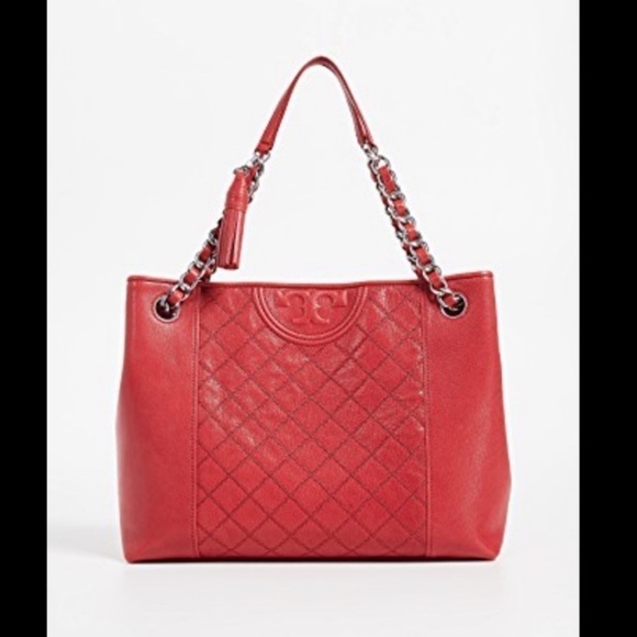 Tory Burch Fleming Distressed Leather Tote Cherry Apple - Picture 1 of 12